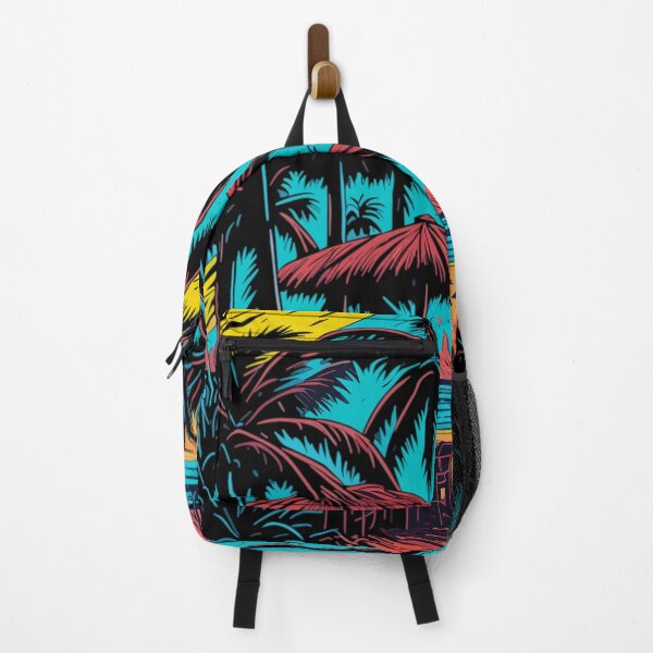 Item preview, colorful graffiti illustration of a beach with palm trees and cocktail bar designed and sold by Sadil.