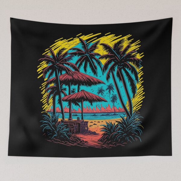 Item preview, colorful graffiti illustration of a beach with palm trees and cocktail bar designed and sold by Sadil.