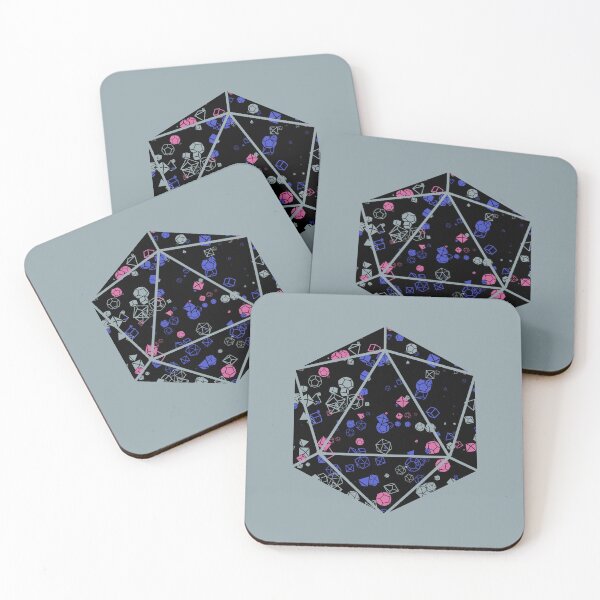 Item preview, Grey D20 Dice Hoard - Black background with pink, slate grey and blue dice designed and sold by AvengingSassy.