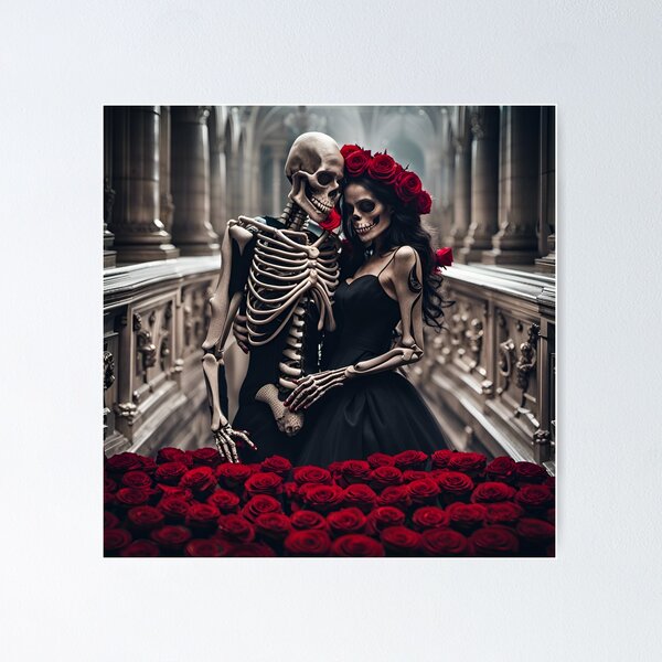 Skeleton wedding with red roses Poster