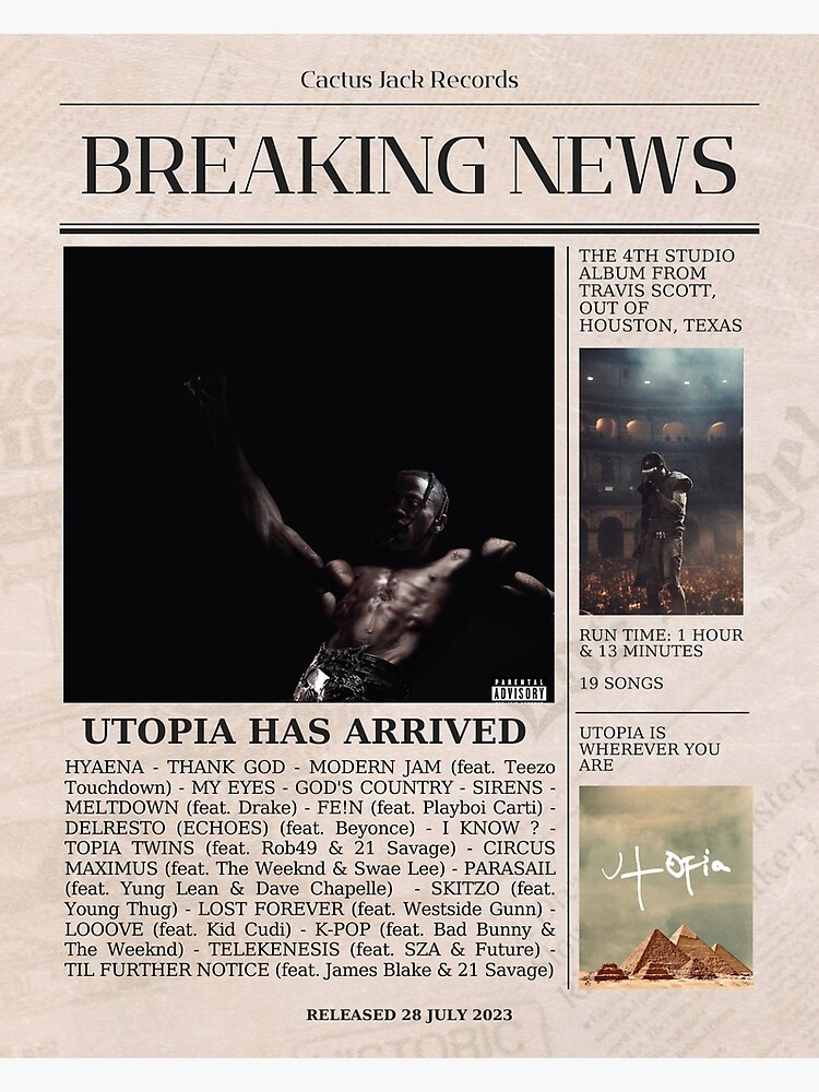 Travis Scott Utopia Newspaper Poster Poster for Sale by RapGameGoods