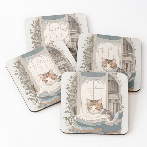 Item preview,  a cat cozily nestled in a reading nook designed and sold by Noppawat.