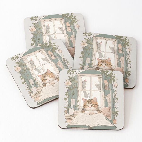 Item preview, a cat cozily nestled in a reading nook designed and sold by Noppawat.