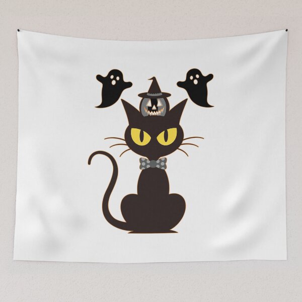 Item preview, Black Halloween Ghosts With A Cat Wearing a Bow Tie & A Pumpkin designed and sold by ArtCornerStudio.