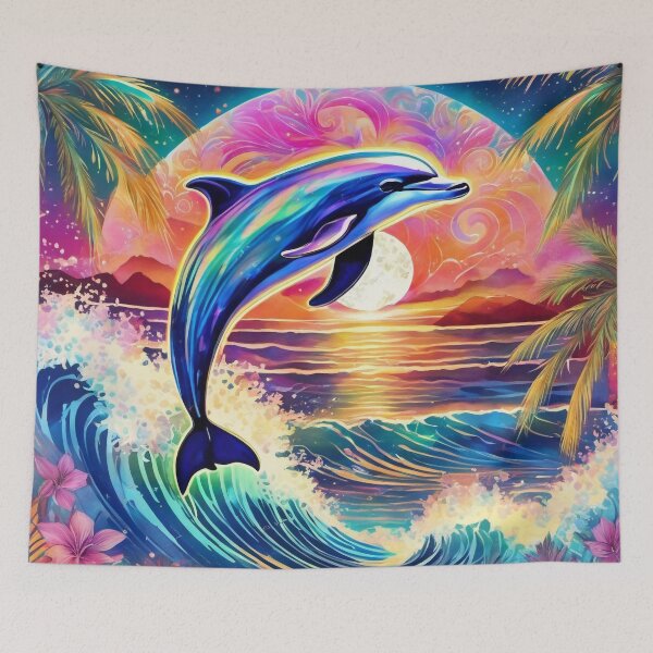 Item preview, Iridescent Dolphin Jumping, Colorful, Sea Plants, Splashes of Waves  designed and sold by BirdsnStuff.