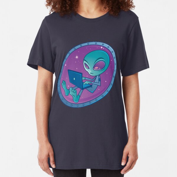 Alien with Laptop Computer Slim Fit T-Shirt