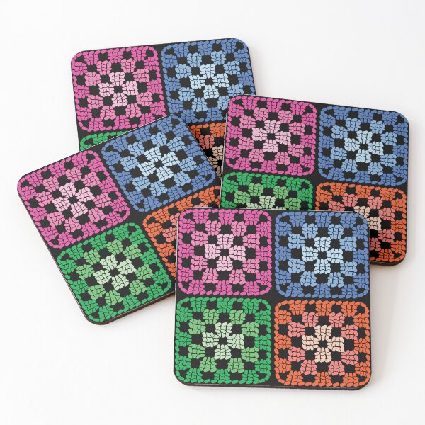 Item preview, Crochet Granny Square Retro Pattern in Multicolour with Black Background  designed and sold by Aureusglow.