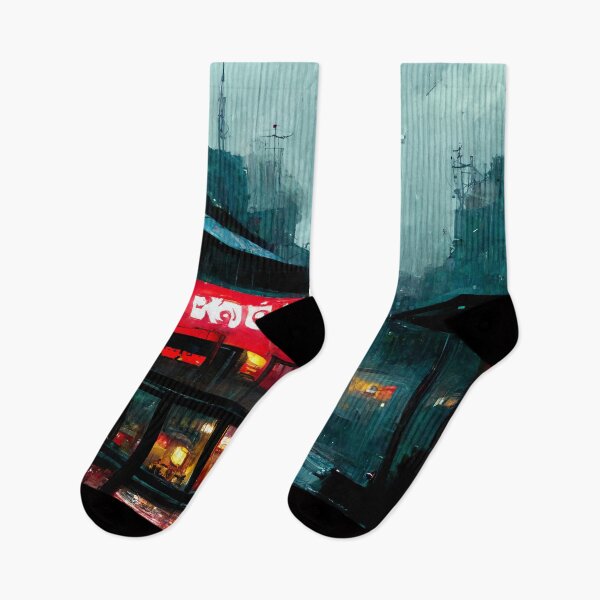 Item preview, Rainy Ramen Shop - Cyberpunk Cityscapes designed and sold by ArkMinted.