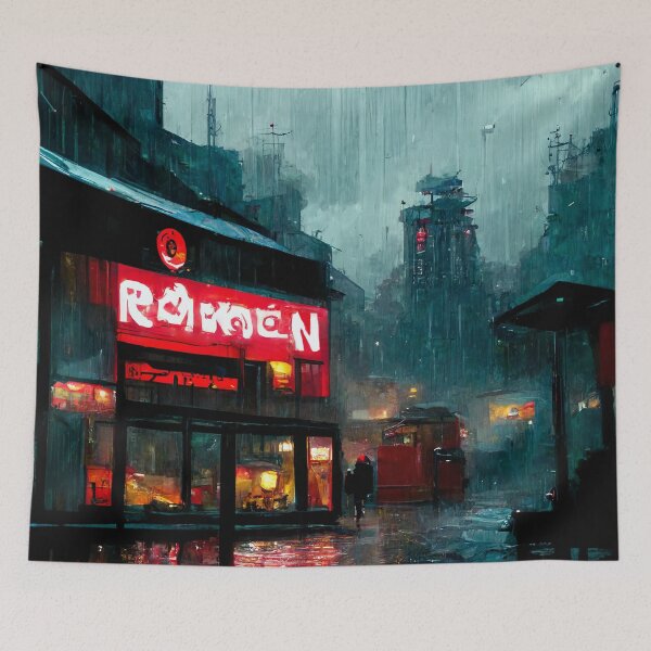 Item preview, Rainy Ramen Shop - Cyberpunk Cityscapes designed and sold by ArkMinted.