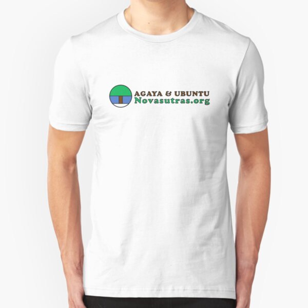 Small Novasutras Logo with Agaya & Ubuntu plus URL Across Slim Fit T-Shirt