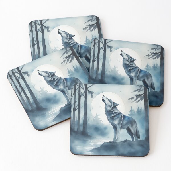 Item preview, Wolf Howling at Moon,Mystical Forest Scene, Watercolor and Charcoal Style Art designed and sold by BirdsnStuff.