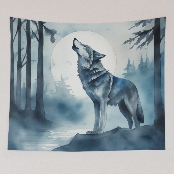Item preview, Wolf Howling at Moon,Mystical Forest Scene, Watercolor and Charcoal Style Art designed and sold by BirdsnStuff.