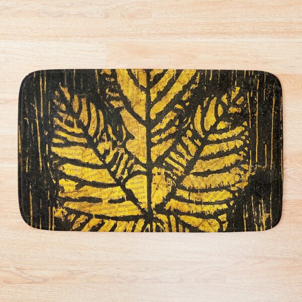 Item preview, Golden Fig Leaf Wood Block Print over Tea Stained Collage Newspaper designed and sold by TinaNadeemArt.