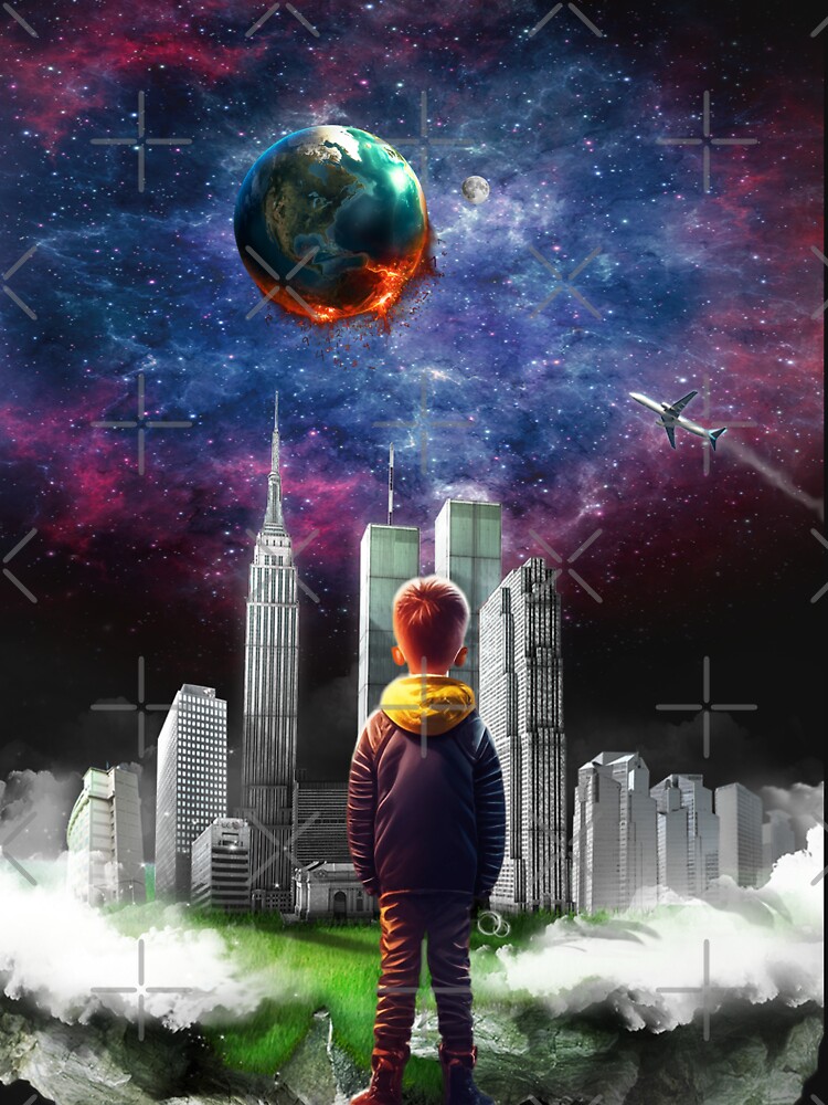 An boy standing on the surface of future planet see earth 3D