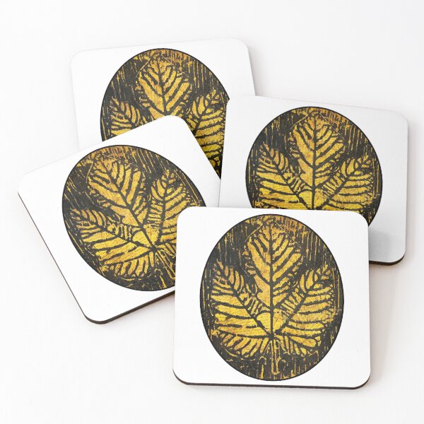 Item preview, Golden Fig Leaf Wood Block Print over Tea Stained Collage Newspaper Oval designed and sold by TinaNadeemArt.