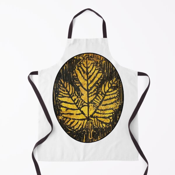 Item preview, Golden Fig Leaf Wood Block Print over Tea Stained Collage Newspaper Oval designed and sold by TinaNadeemArt.