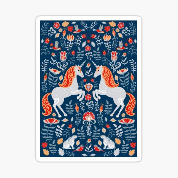 Unicorns, hummingbirds, bunnies, birds, flowers and leaves. Decorative poster, card on a blue background. Folk art. Sticker