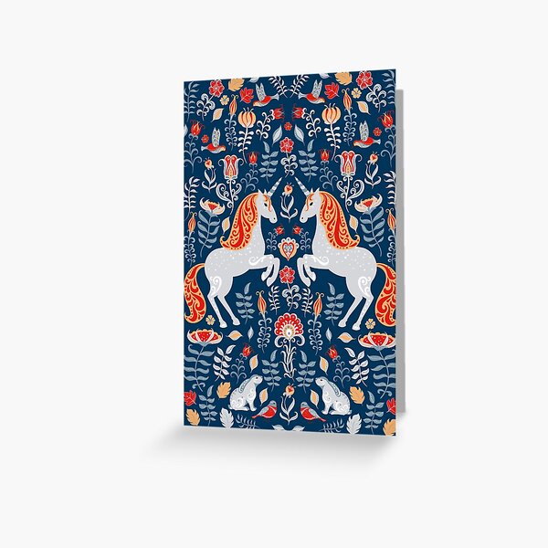 Unicorns, hummingbirds, bunnies, birds, flowers and leaves. Decorative poster, card on a blue background. Folk art. Greeting Card