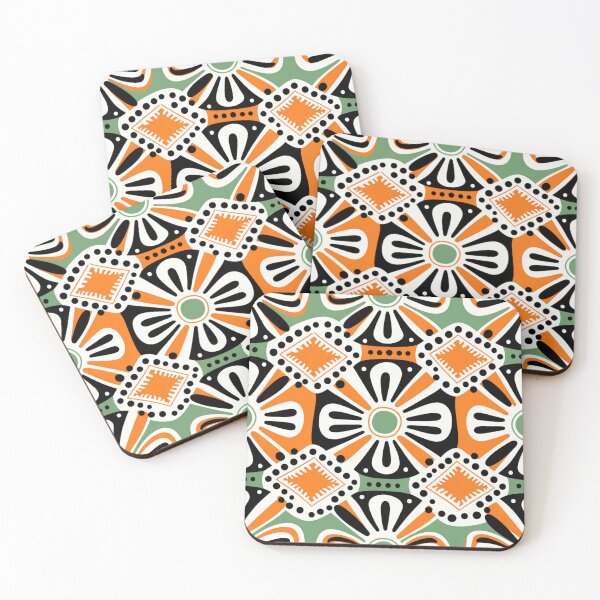 Item preview, Colorful fantasy pattern orange green beige white black ornaments grid designed and sold by G-M-Designs.