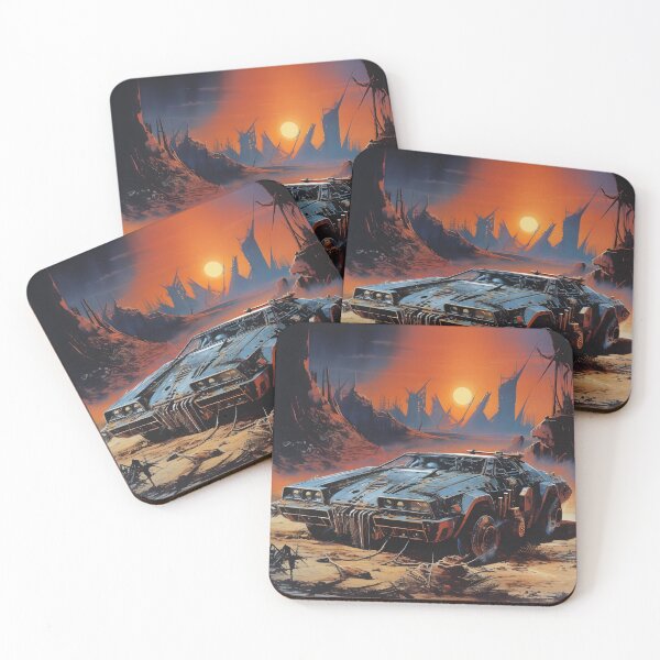 Item preview, Landscape of Post Apocalyptic Armored Futuristic Car in Wasteland with Ruins of City and Red Sunset designed and sold by Je-we.