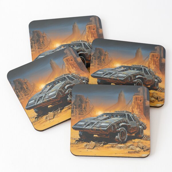 Item preview, Landscape of Post Apocalyptic Armored Futuristic Car with Off-road Wheels in Wasteland with Ruins of City and Fiery Sunset designed and sold by Je-we.