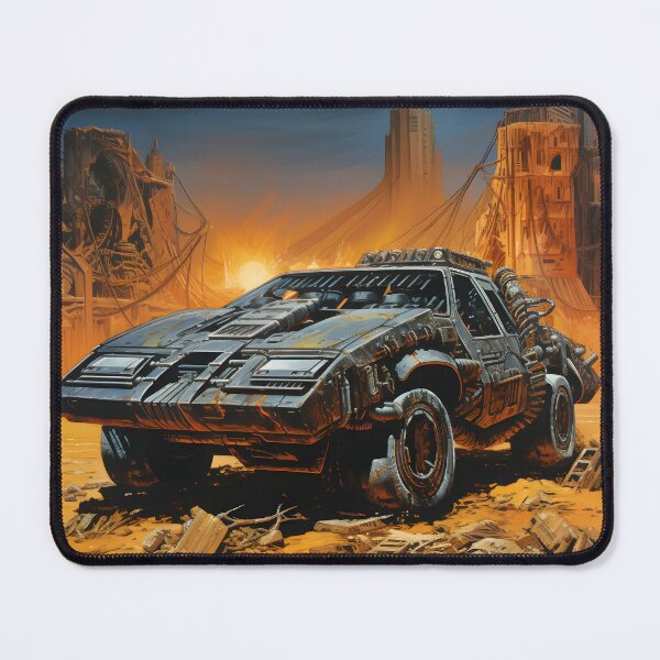 Item preview, Landscape of Post Apocalyptic Armored Futuristic Car with Off-road Wheels in Wasteland with Ruins of City and Fiery Sunset designed and sold by Je-we.
