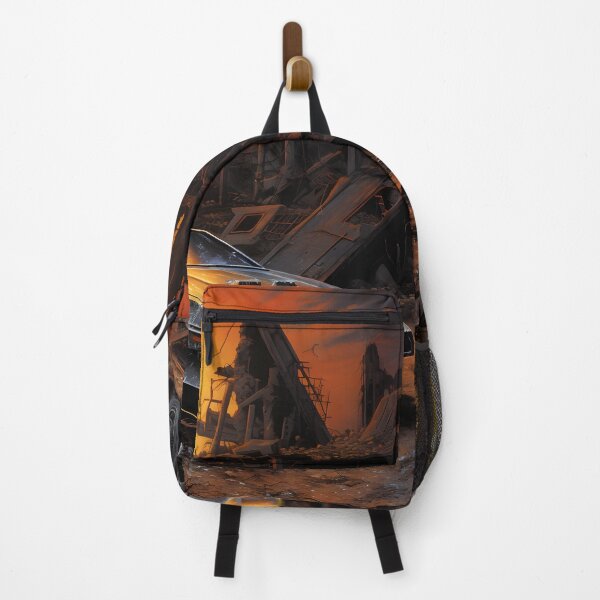 Item preview, Landscape of Post Apocalyptic Armored Retro-futuristic Sports Car in Wasteland with Ruins of Metal and Concrete Structures of City and Red Sunset with Clouds designed and sold by Je-we.