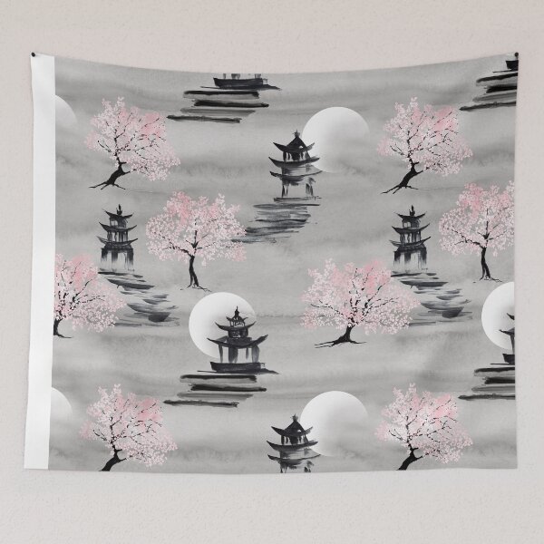 Aperçu de l'œuvre Cerisiers en fleurs. Pagode, lune, aquarelle japonaise, décor à l'encre créée et vendue par likapix.