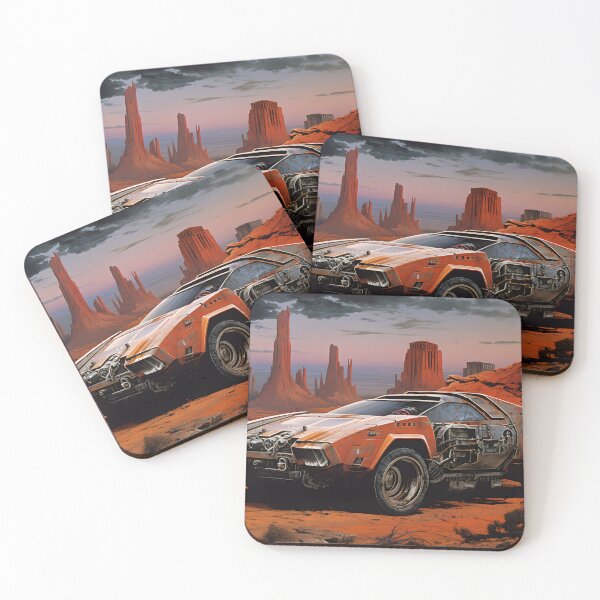 Item preview, Landscape of Post Apocalyptic Rusty Futuristic Sports Car with Off-road Wheels in Wasteland with Evening Sunset Sky designed and sold by Je-we.