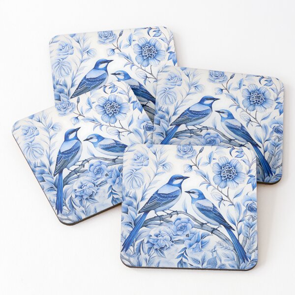 Item preview, a blue and white floral pattern with birds and flowers designed and sold by ArtisimoStudio.