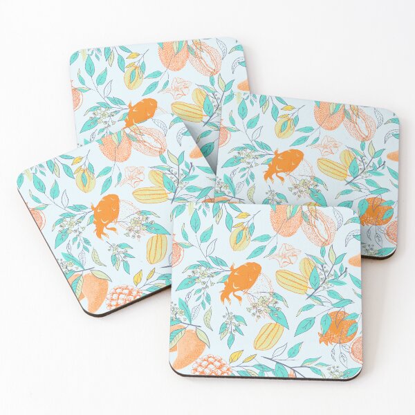 Item preview, Exotic Tropical Fruits in aqua blue, including bananas, mangos, durians, mangoes, pomegranate, star fruit designed and sold by Jean-Pham.