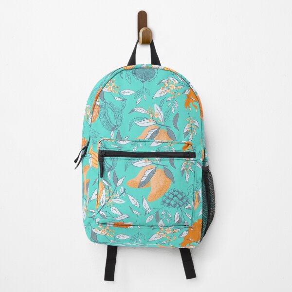Item preview, Exotic Tropical Fruits in aqua blue, including bananas, mangos, durians, mangoes, pomegranate, star fruit designed and sold by Jean-Pham.
