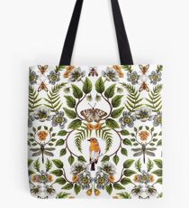 Spring Reflection - Floral/Botanical Pattern w/ Birds, Moths, Dragonflies & Flowers Tote Bag