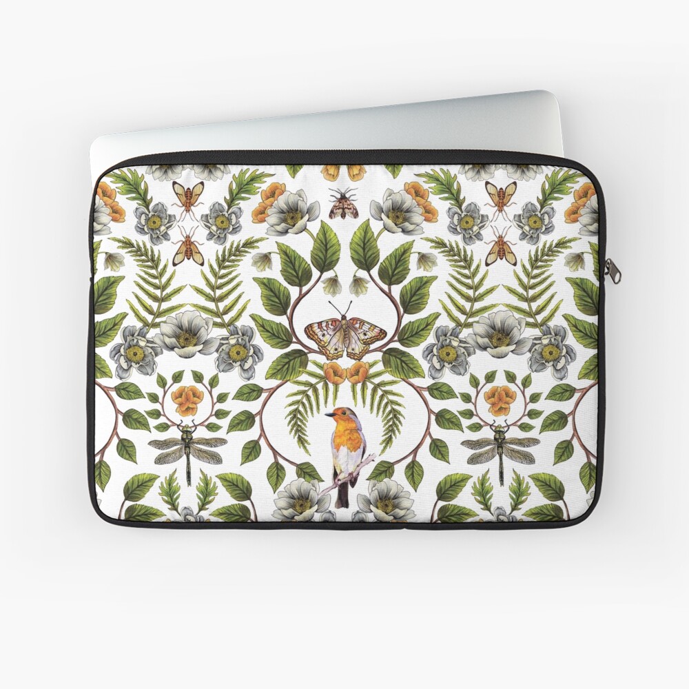 Spring Reflection - Floral/Botanical Pattern w/ Birds, Moths, Dragonflies & Flowers Laptop Sleeve