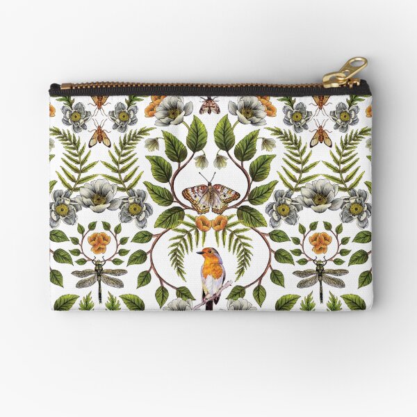 Spring Reflection - Floral/Botanical Pattern w/ Birds, Moths, Dragonflies & Flowers Zipper Pouch