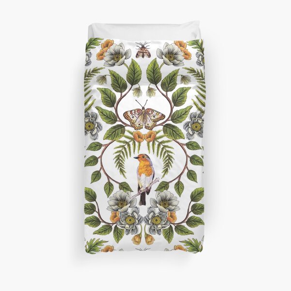Spring Reflection - Floral/Botanical Pattern w/ Birds, Moths, Dragonflies & Flowers Duvet Cover