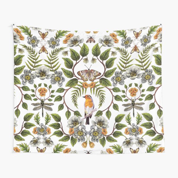 Spring Reflection - Floral/Botanical Pattern w/ Birds, Moths, Dragonflies & Flowers Tapestry