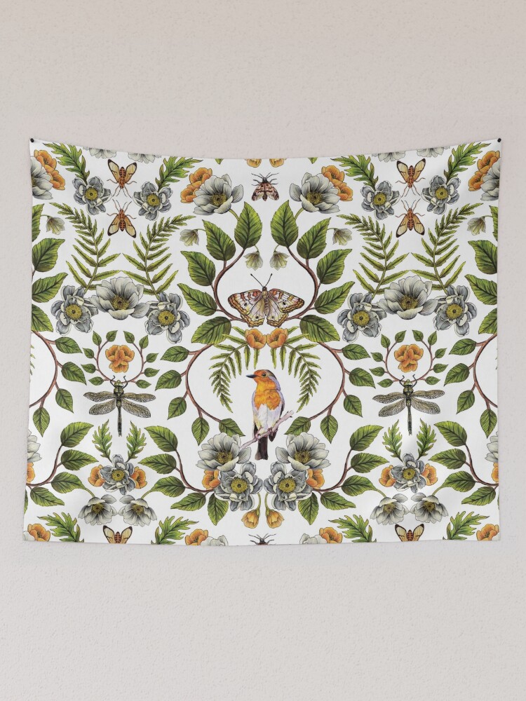 Spring Reflection - Floral/Botanical Pattern w/ Birds, Moths, Dragonflies &  Flowers | Tapestry