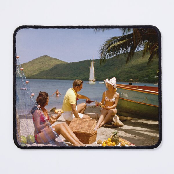 Item preview, Hilton Martinique 1960 Beach Picnic Photograph of couples drinking wine overlooking the ocean and sailboats.  designed and sold by aladdincolor.