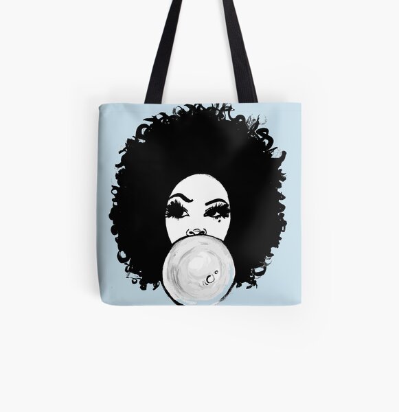 Curly Afro Pretty Girl Bubble Gum Poppin Natural Hair Art All Over Print Tote Bag