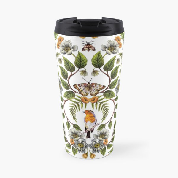 Spring Reflection - Floral/Botanical Pattern w/ Birds, Moths, Dragonflies & Flowers Travel Mug