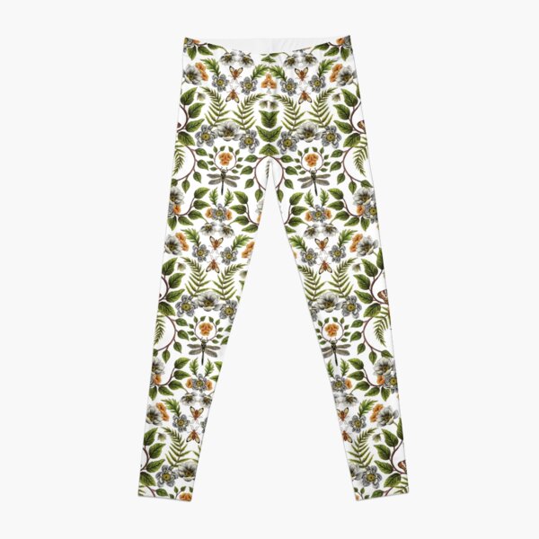 Spring Reflection - Floral/Botanical Pattern w/ Birds, Moths, Dragonflies & Flowers Leggings