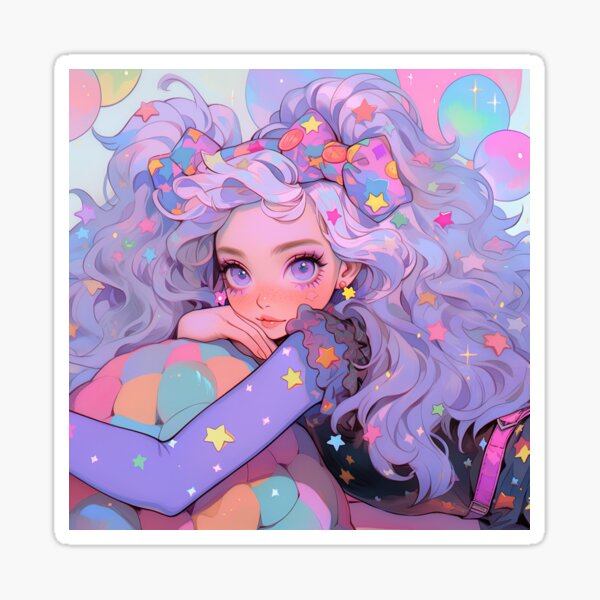 Beautiful Bright Neon Curly Hair Starry Anime Girl | Sticker