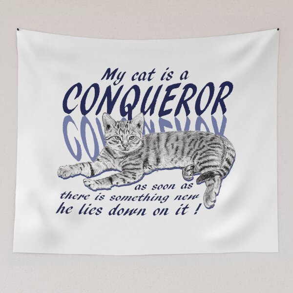 Item preview, Conquering cat - graphite version, blue colorized English text designed and sold by SylvieG18.