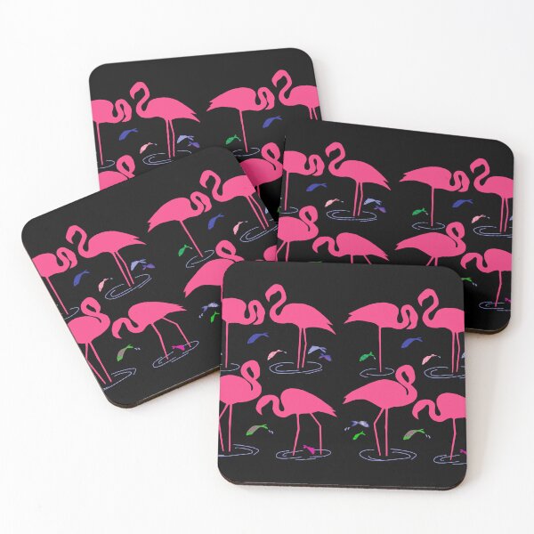Item preview, Pink Flamingos black background with jumping fish in water designed and sold by WildCanyon.