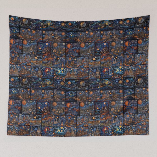 Item preview, Van-Gogh-Ween Halloween Starry Pumpkin Town Quilt designed and sold by EnchantedMoon143.