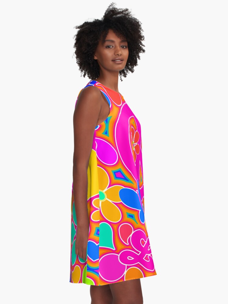 Thumbnail 2 of 4, A-Line Dress, Bright Pop Art Colorful Peace and Love Flower Power Art designed and sold by Alondra.