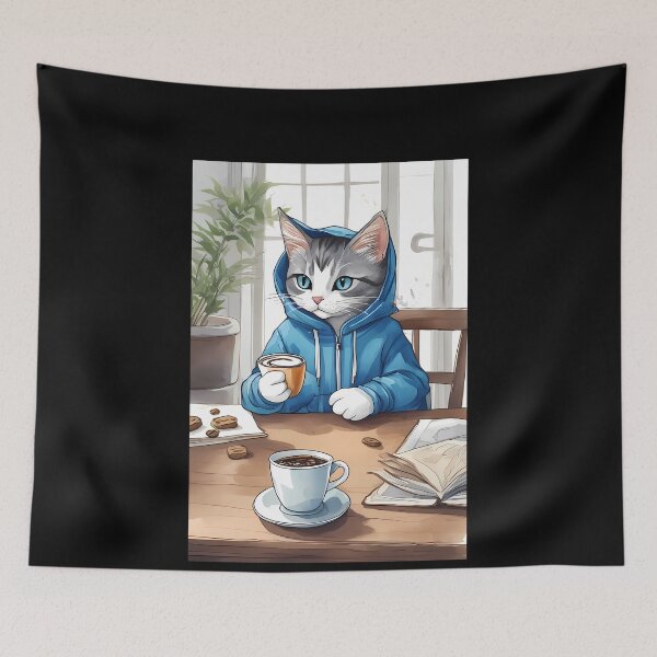 Item preview, Cute Bored Cat in Blue Hoodie Enjoying Coffee designed and sold by Mechanical-Artt.