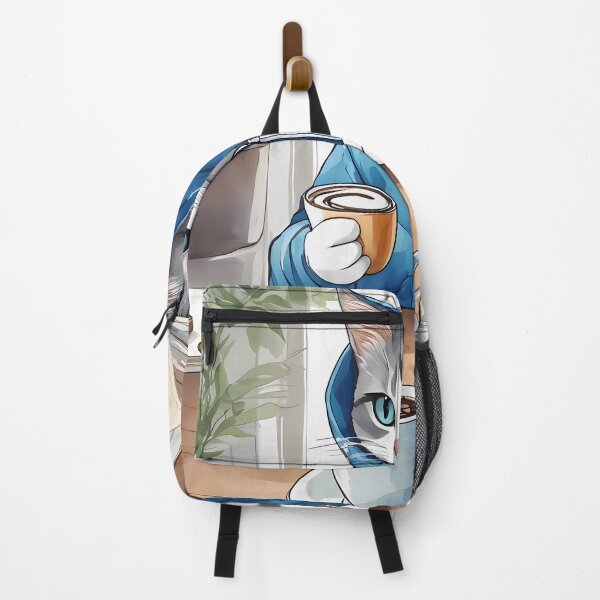 Item preview, Cute Bored Cat in Blue Hoodie Enjoying Coffee designed and sold by Mechanical-Artt.