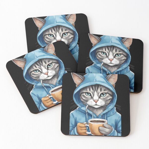 Item preview, Whimsical Cat in Blue Hoodie Drinking Coffee designed and sold by Mechanical-Artt.